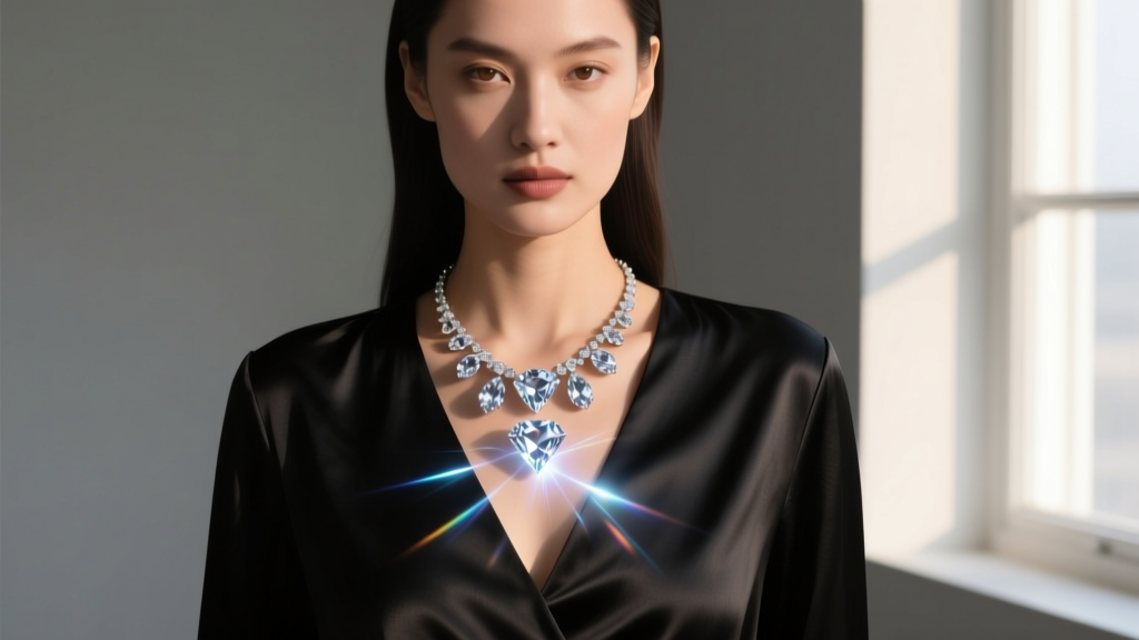 Woman wearing a floating diamond illusion animated necklace over a black silk V-neck blouse, soft window light highlighting the gem