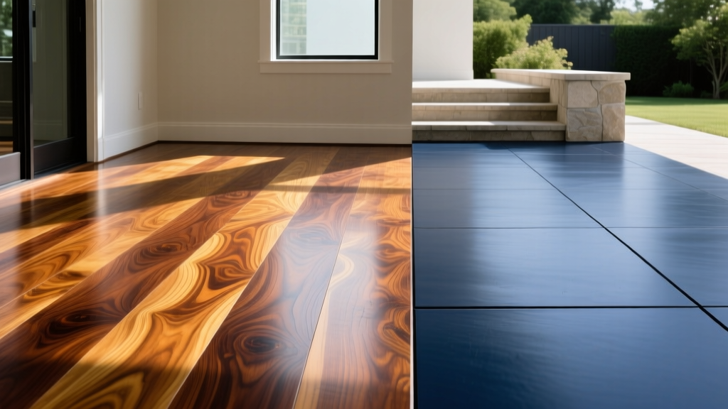 Side-by-side view of mahogany acid-stained floor with natural marbling next to a uniform navy water-based stained exterior patio