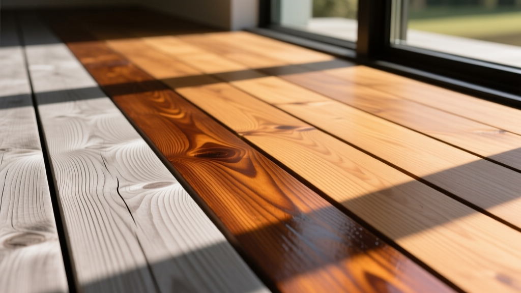Close-up of cedar deck boards showing contrast between UV-grayed weathered wood and rich amber wood treated with clear penetrating oil