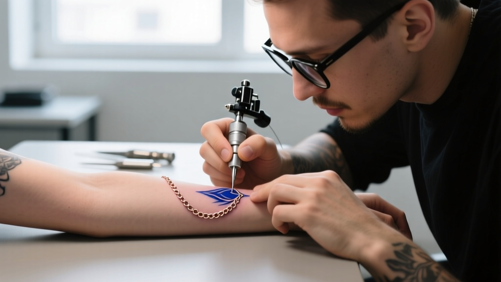 Tattoo artist using a single-needle setup to ink a fine-line pendant chain detail on a client's sternum in a bright studio