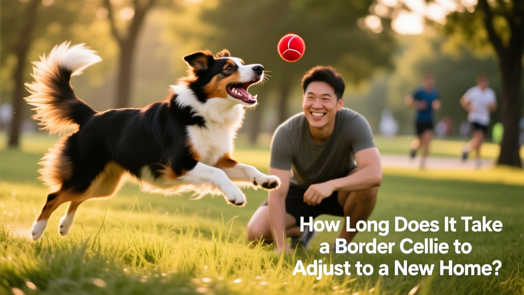 A happy Border Collie playing fetch with its owner in a grassy park, tail wagging energetically