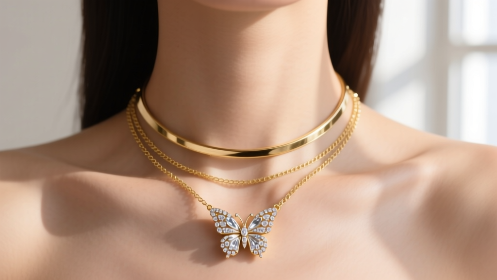Neck displaying a layered stack with a diamond butterfly pendant on an 18-inch chain paired with a delicate 14-inch gold choker.