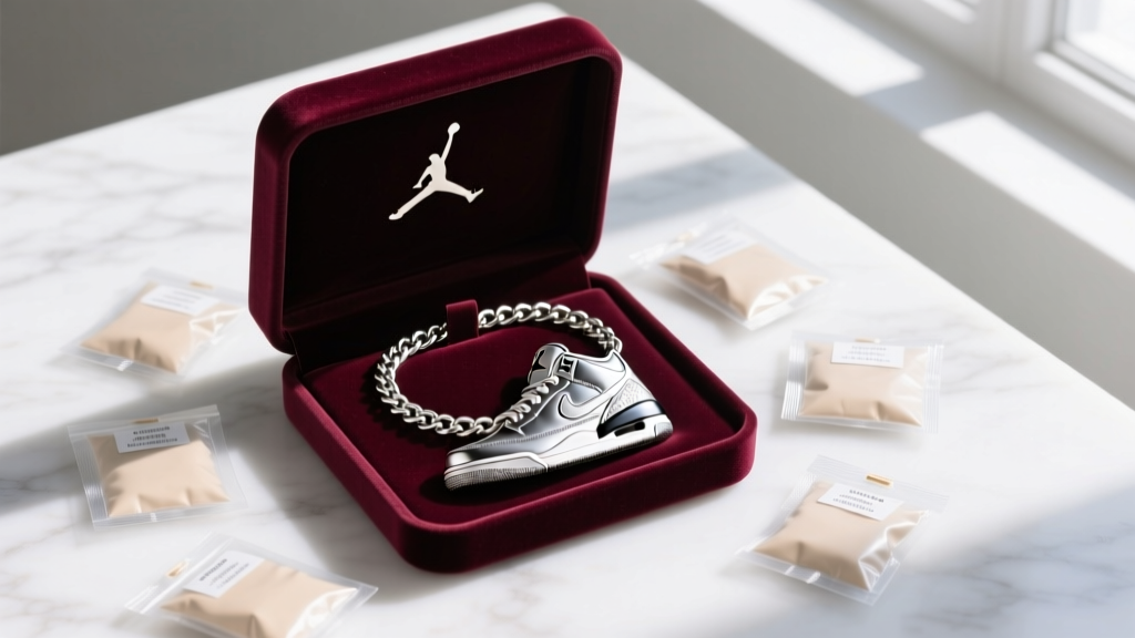 Open velvet jewelry box holding a coiled stainless steel Air Jordan 3 silhouette chain necklace, stored with silica gel packets.