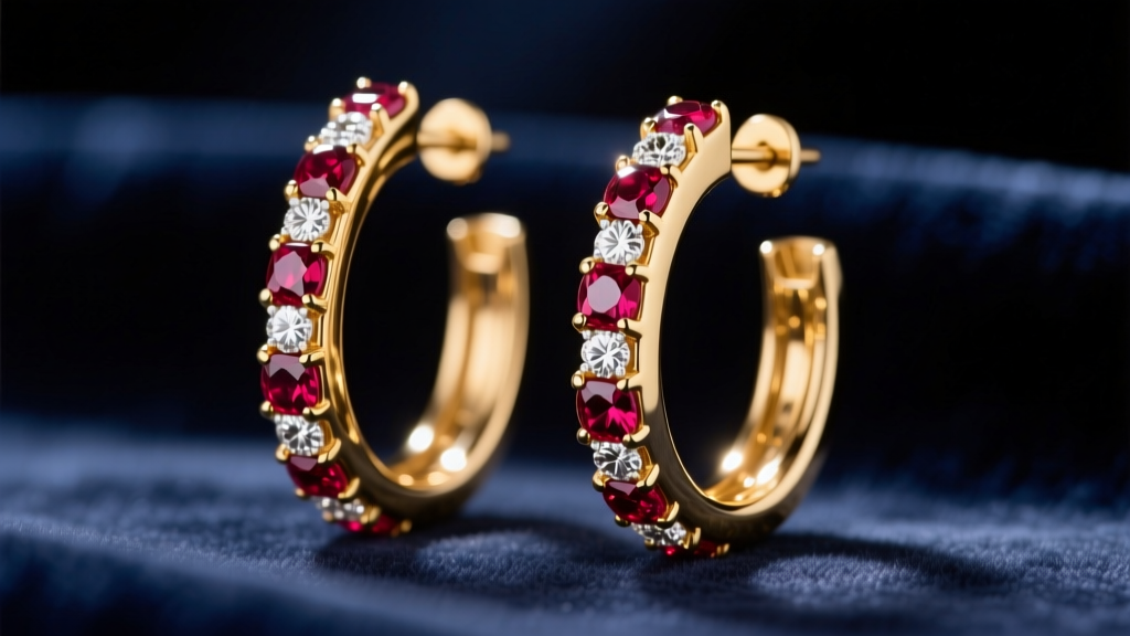 18k gold ruby diamond hoop earrings on velvet, showing alternating bezel-set stones under warm directional studio lighting.