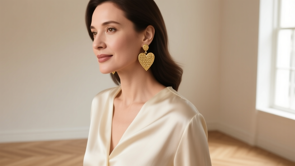 Woman wearing a cream silk blouse and textured gold Judith Ripka heart dangle earrings, captured in soft natural window lighting