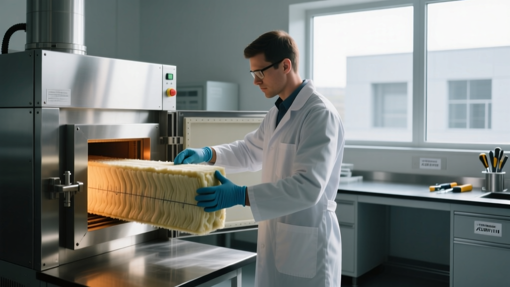 Technician placing a 250-millimeter thick insulation sample into a calibrated fire resistance furnace for ASTM E119 testing.