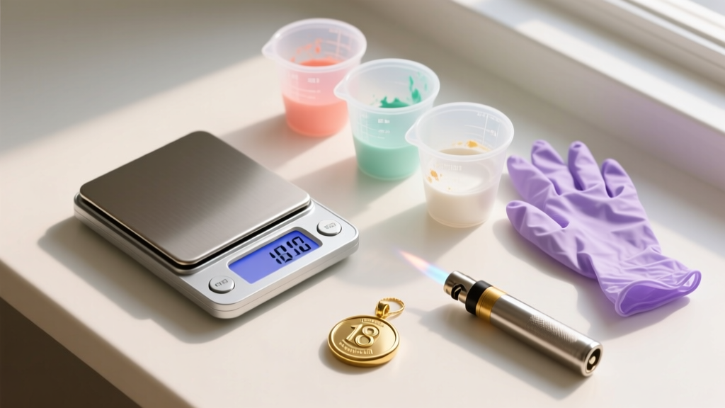 Overhead flat lay of a digital scale, silicone mixing cups, nitrile gloves, and a butane torch next to a gold pendant bezel.