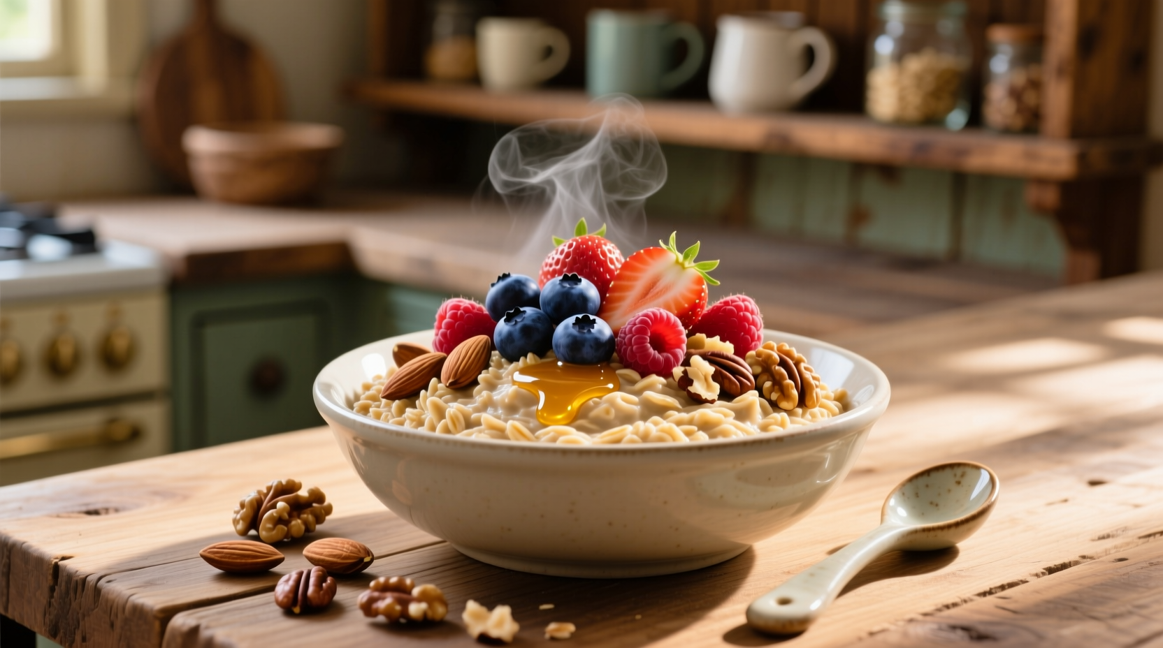 Creamy rolled oats with fresh berries and nuts