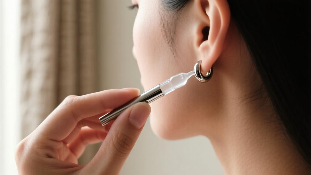 Side profile of a person applying clear hypoallergenic barrier coating to a surgical steel earring post, soft natural indoor light