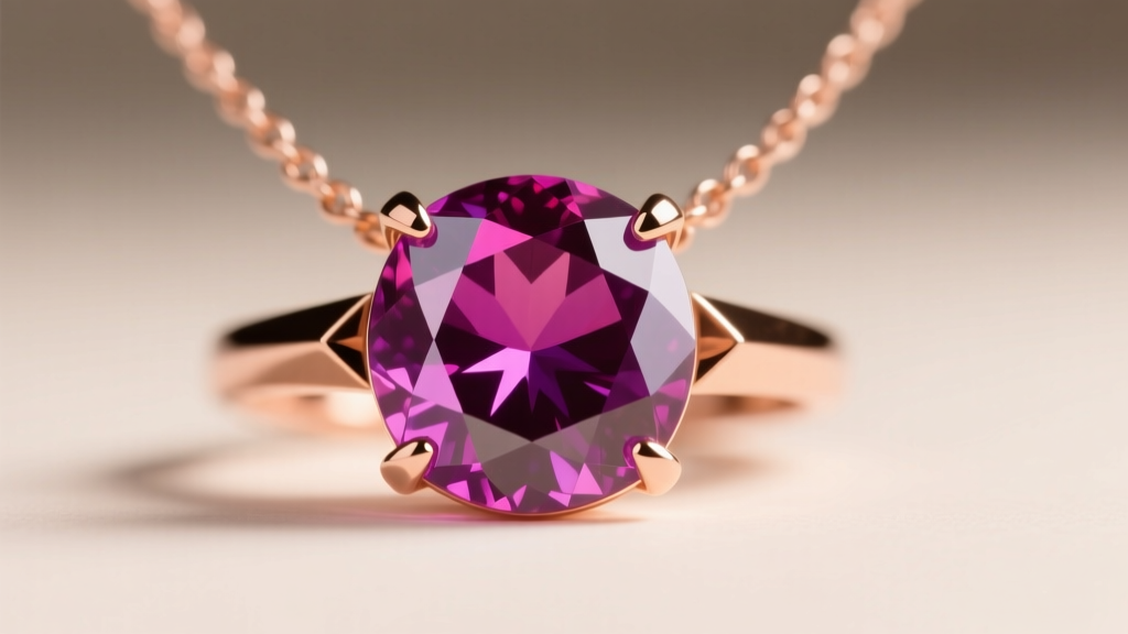 Macro shot of a lab-created alexandrite gem in a rose gold necklace, showing a purplish-red hue under warm incandescent light.