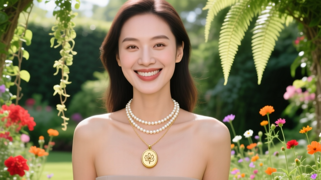 Woman wearing a layered necklace stack with a pearl choker and a 16-inch gold locket, smiling in a bright, sunny botanical garden.