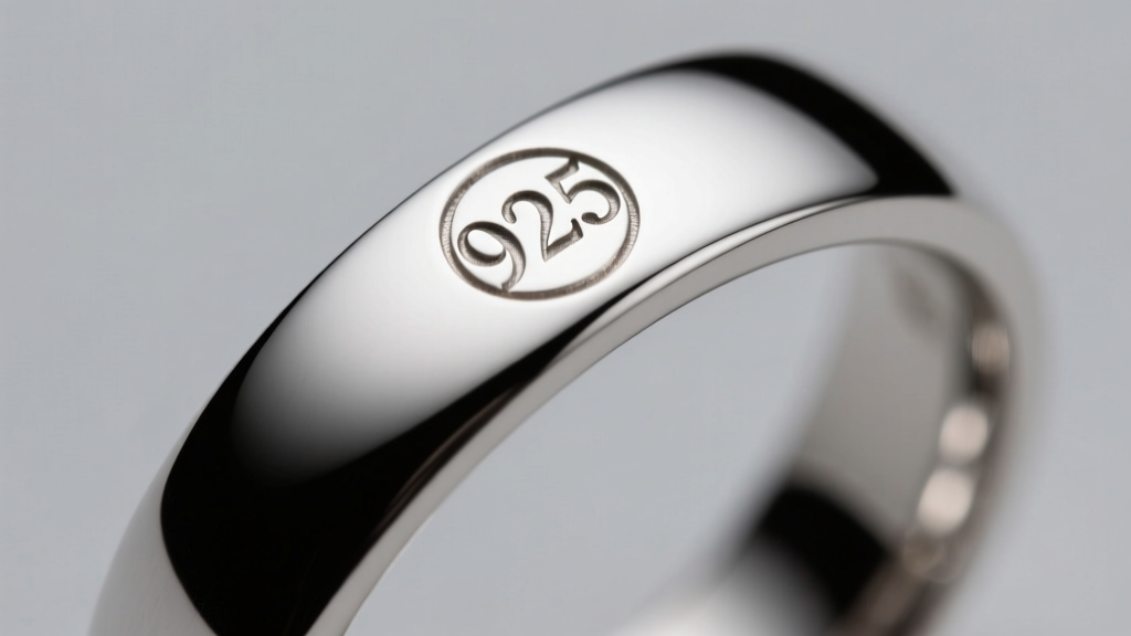 Macro shot of a 925 hallmark stamp engraved inside a sterling silver ring band, illuminated by soft directional lighting.