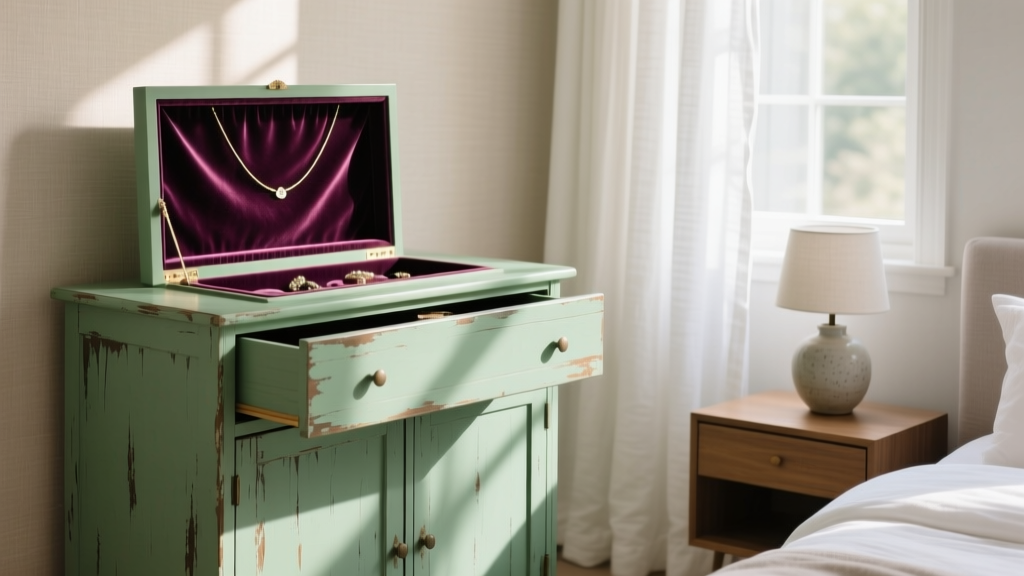 Distressed hand painted sage green jewelry armoire in sunlit bedroom, top drawer open revealing anti-tarnish velvet lining inside.