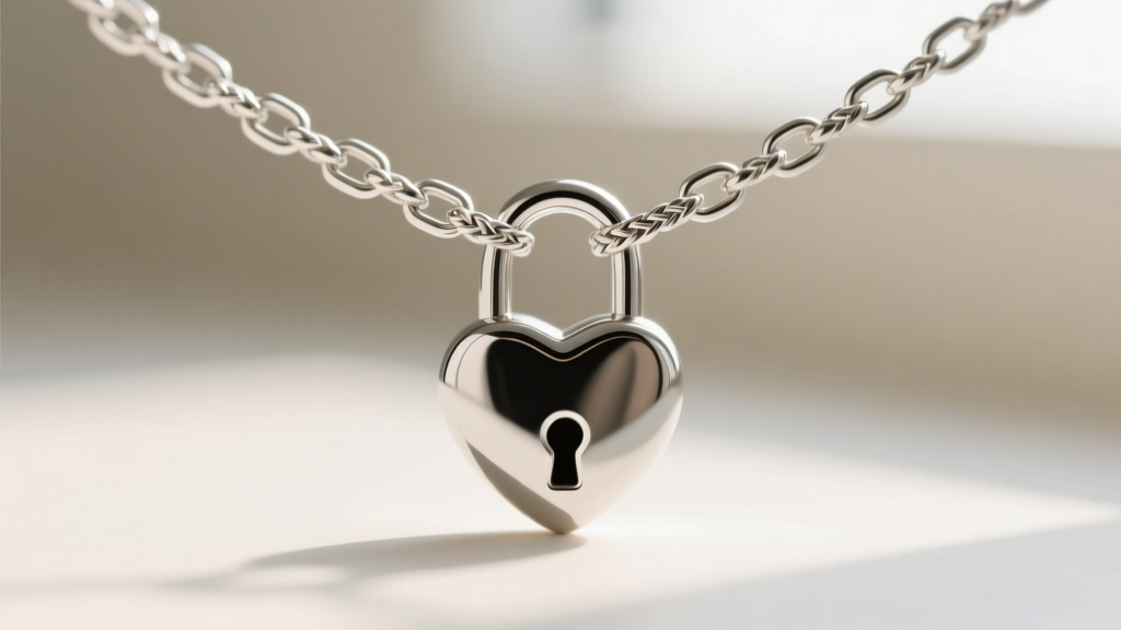 Macro shot of a 1.2mm sterling silver box chain passing through a heart padlock pendant, showing woven links.