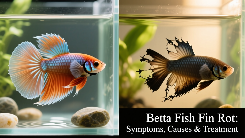 Side-by-side comparison showing healthy betta fins versus moderate fin rot with visible tearing and dark edging
