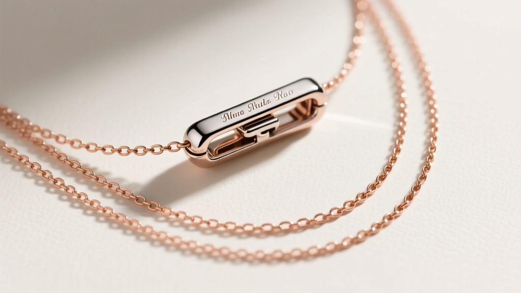 Top-down view of a specialized multi-strand magnetic slider clasp holding three loops of a thin rose gold necklace chain