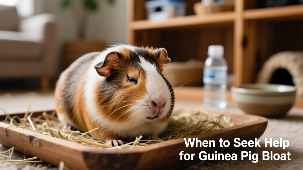 Close-up of a guinea pig exhibiting hunched posture and closed eyes, indicating discomfort from bloat