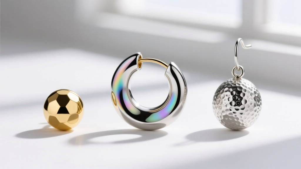 Side-by-side macro shot of a 10mm solid gold bubble stud, a liquid metal bubble hoop, and a textured silver bubble drop earring