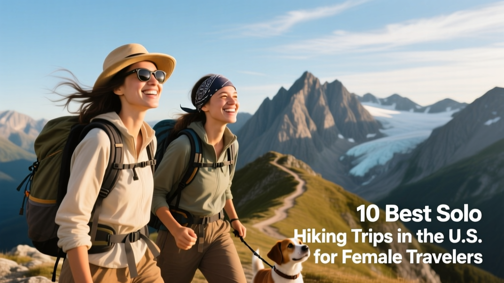 Two solo female hikers smiling at a mountain summit, backpacks on, clear sky behind