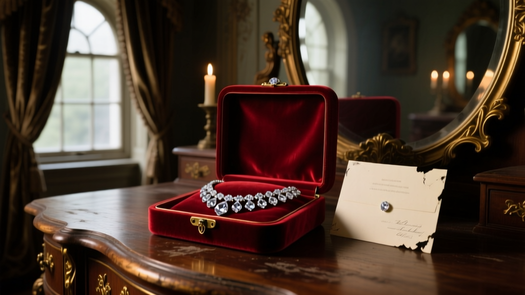 Dimly lit 19th-century vanity with an open velvet box holding a sparkling diamond riviere necklace and a faded ball invitation.