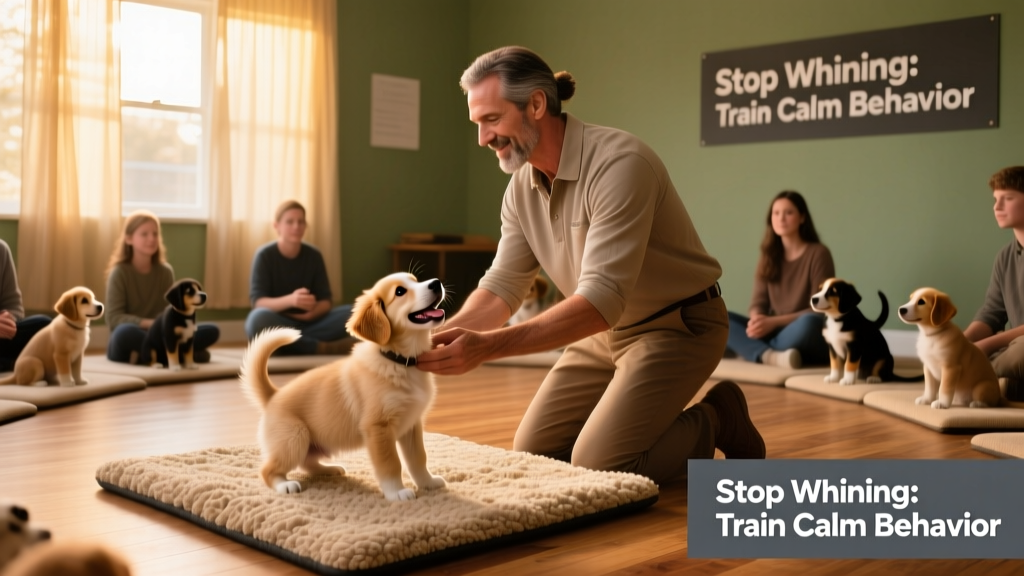 A trainer gently guiding a happy puppy through a 'settle' exercise on a soft mat during a group obedience class