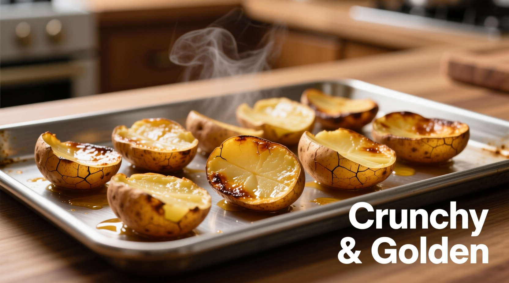 Golden brown potato skins on baking sheet