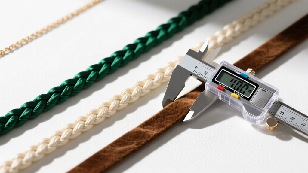 Flat lay of braided silk, waxed cotton, and suede necklace cords beside a digital caliper measuring exact cord thickness.