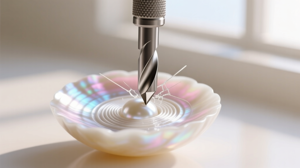 Macro view of a micro drill bit entering a white pearl, revealing concentric nacre layers in a detailed technical cross-section