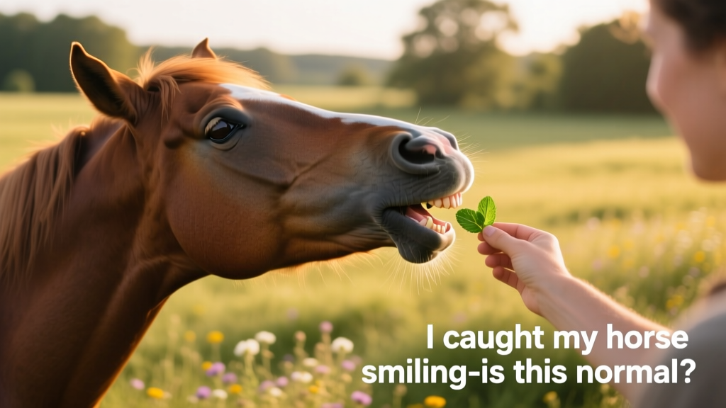 Side-view photo of a horse performing the Flehmen response near a human’s hand holding a minty treat