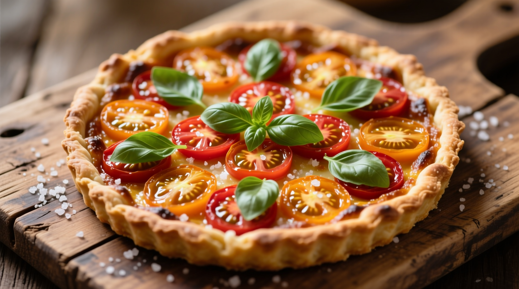 Golden tomato tart with basil garnish on wooden board