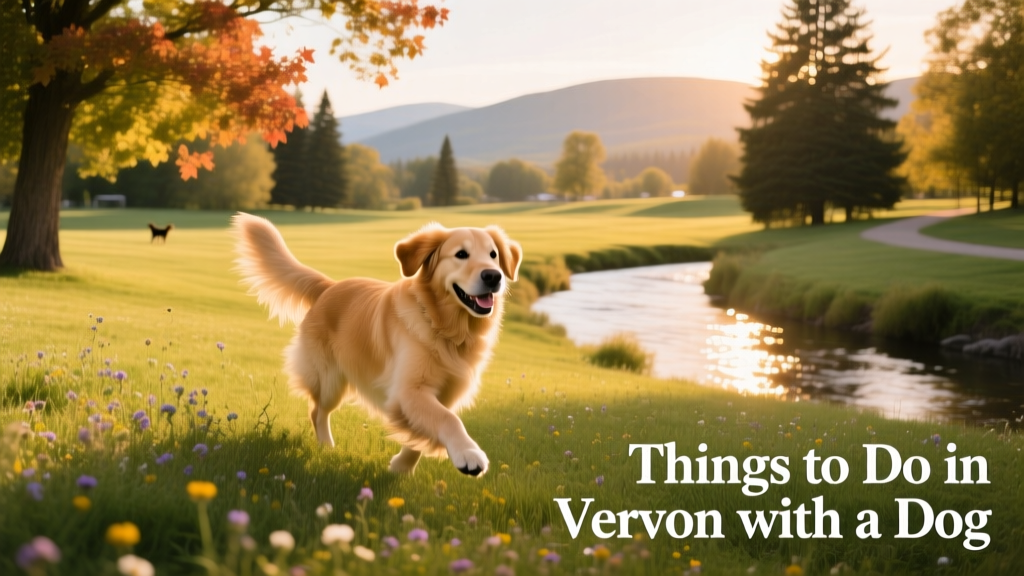 A happy dog exploring an open, grassy dog park in Vernon with trees and a creek nearby