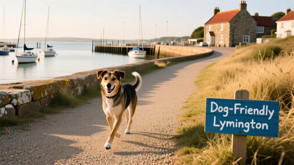 A dog trotting confidently along a flat, gravel coastal path with the marina visible in the background