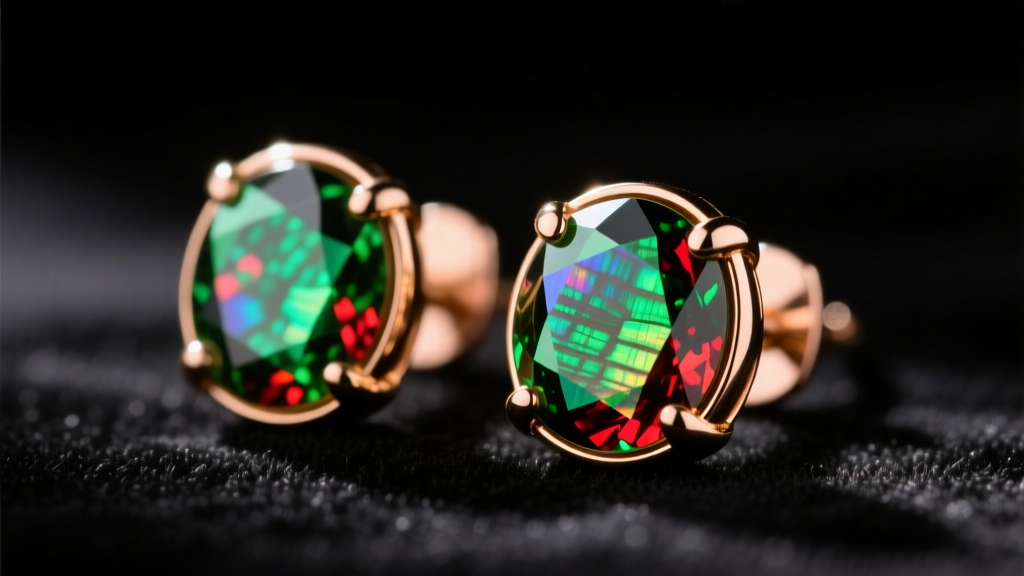 Macro shot of bezel-set ammolite triplet stud earrings in 14k gold, showing vibrant green and red iridescence on dark velvet.