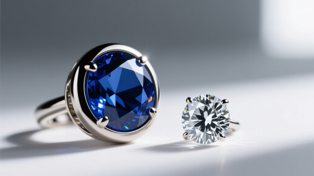 Side-profile macro of bezel-set sapphire pendant next to prong-set diamond, showing flush metal rim protecting the gemstone edge.