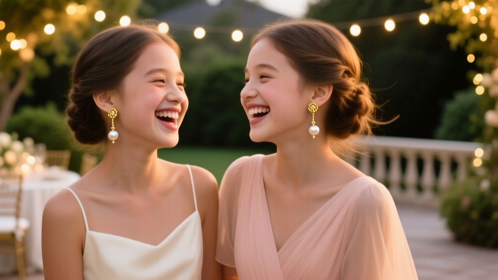Two sisters laughing at a wedding, wearing elegant 18k gold threader earrings with pearl drops in warm ambient evening light.
