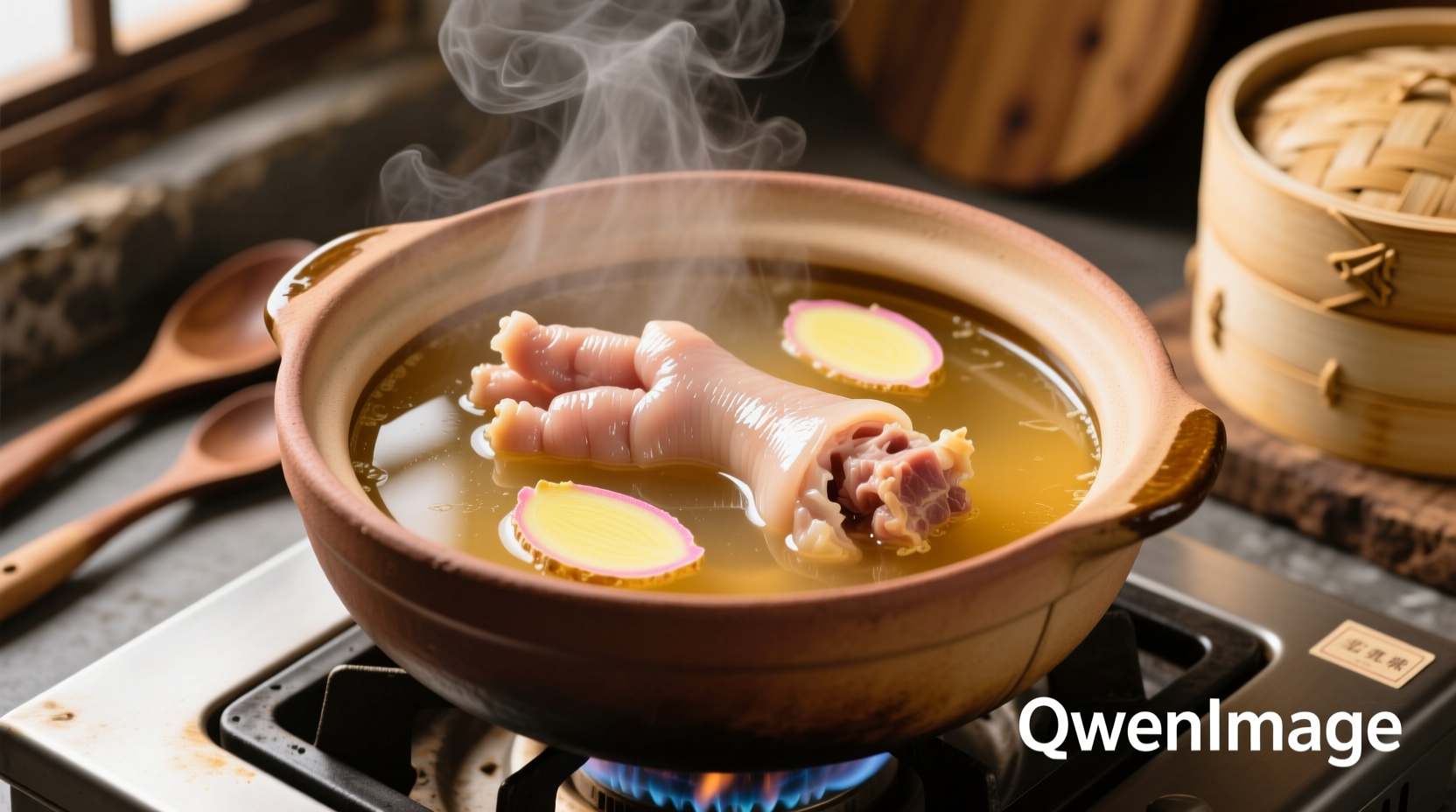Cleaned pork feet simmering in broth with ginger