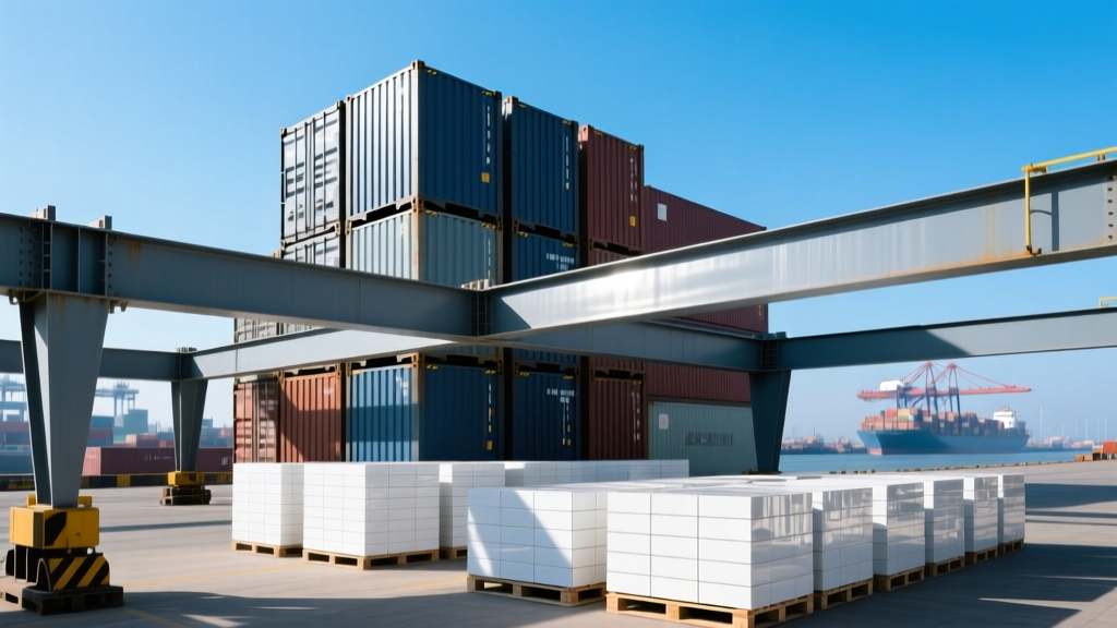 Stacked shipping containers at a seaport with steel I-beams and pallets of porcelain tiles visible in the foreground under clear skies