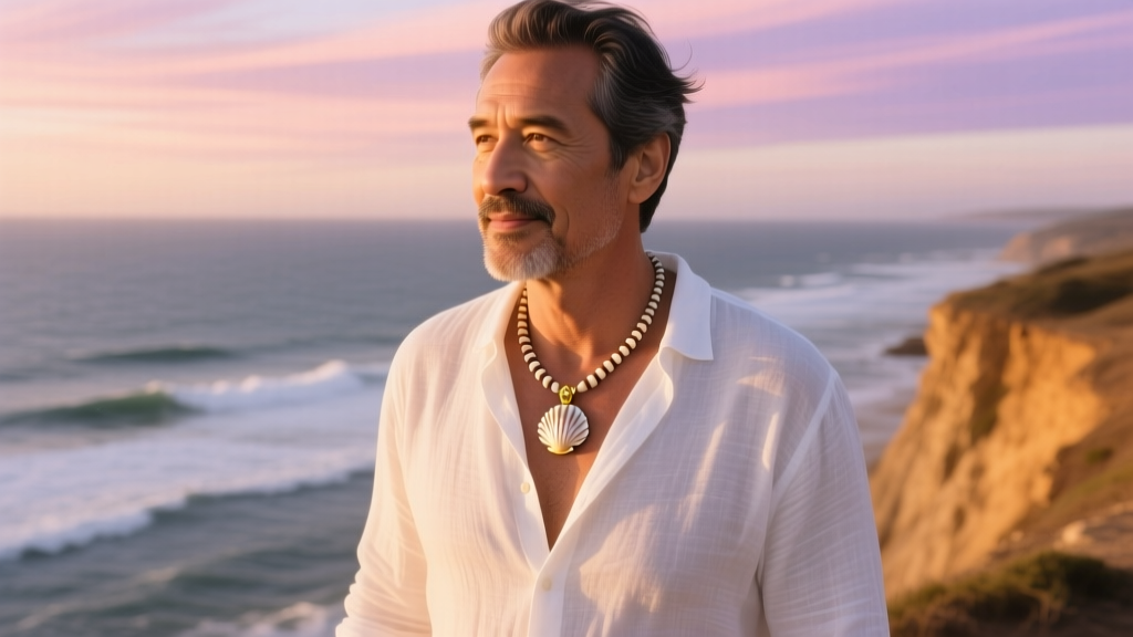 Man wearing a micro-puka shell necklace with a gold pendant over a white linen shirt at the coast during golden hour lighting.