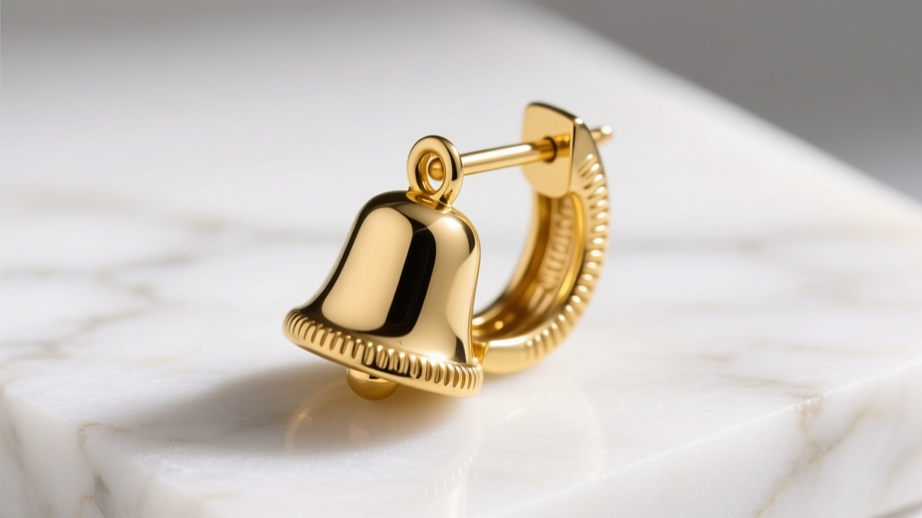 Macro photo of 14k yellow gold bell back earring clasp on white marble, soft lighting highlighting indented grip grooves.