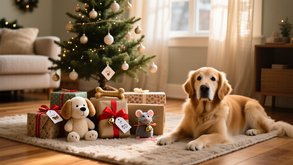 A festive living room with wrapped pet gifts under a small tree, including a plush toy, a chew bone, and a catnip mouse