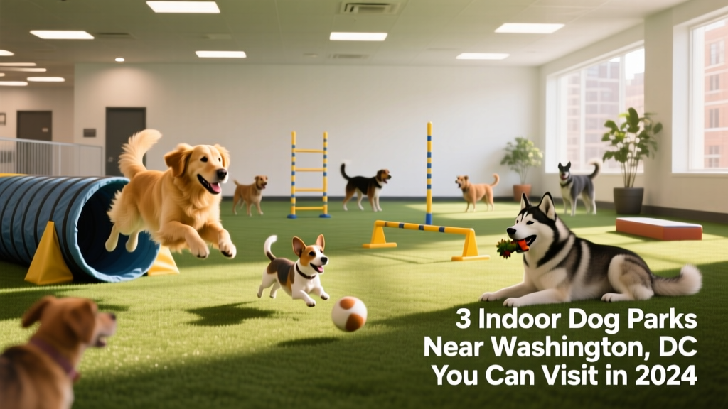 A spacious, sunlit indoor dog park with dogs playing on artificial turf, agility equipment visible in the background