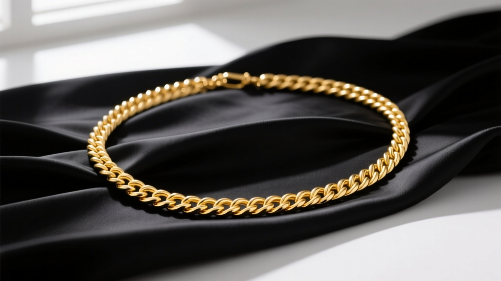 A 32-inch 18k yellow gold rope chain opera length necklace draped over black silk, highlighting its fluid metallic luster