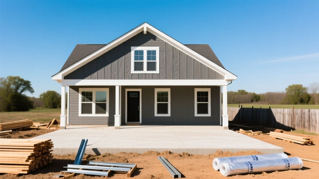 Two-story craftsman home with LP SmartSide siding and a simple gable roof under construction on a flat concrete slab in rural Missouri