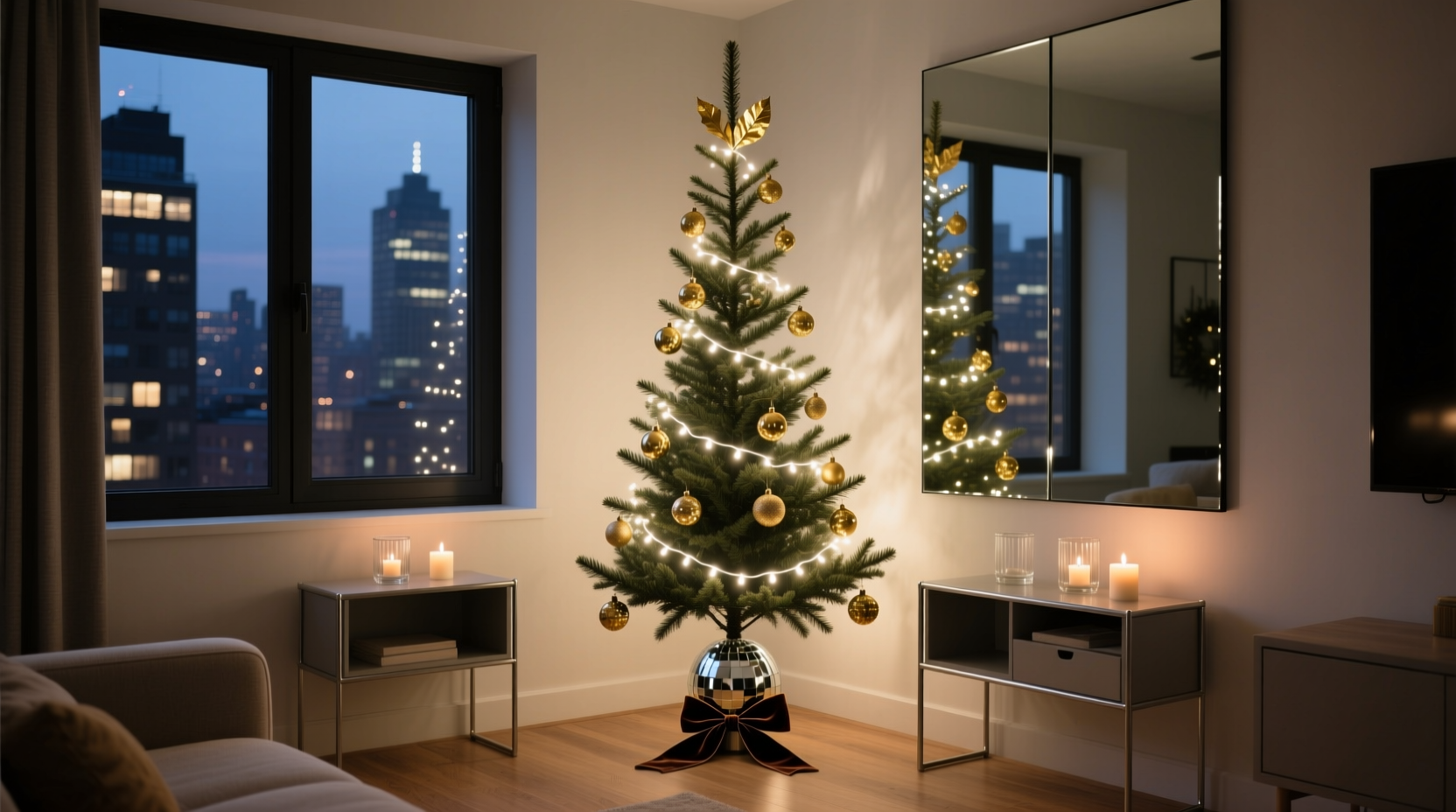 how to style a christmas tree for small apartments using vertical space and mirrored accents