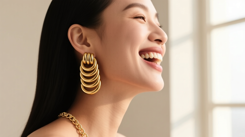 Side profile of laughing woman showcasing an ear stack of seamless 18k gold hoops and a delicate lobe chain moving dynamically