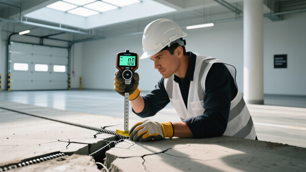 Engineer measuring a structural crack on a post-tensioned concrete floor slab in a commercial garage using a digital crack width gauge.