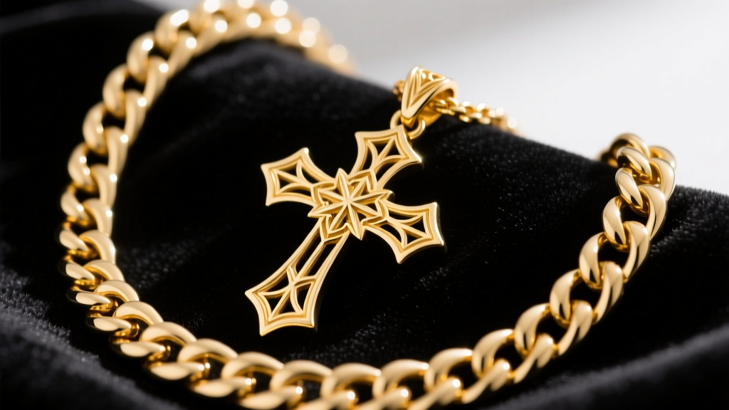 Close-up of a heavy 14k yellow gold Cuban link chain with a large gothic cross pendant resting on dark velvet fabric