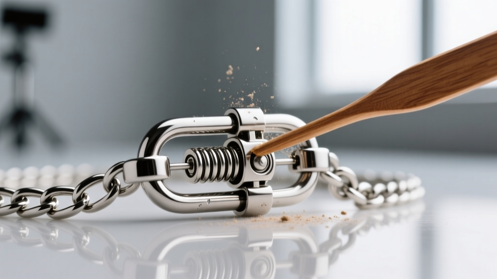 Macro shot of a stainless steel lobster clasp on a chain, showing the spring mechanism being cleaned with a small wooden pick.