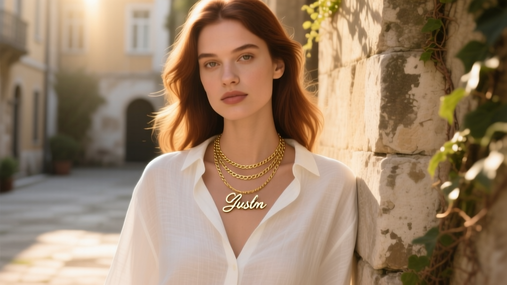 Young woman wearing a layered custom script nameplate necklace over a white linen shirt, bathed in warm golden hour sunlight.