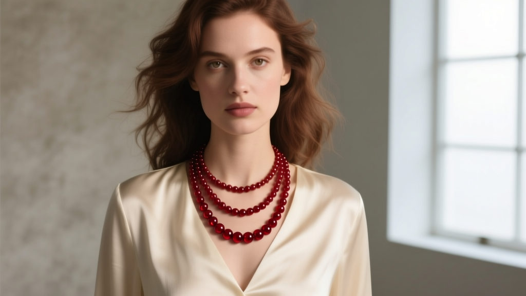 Woman wearing layered 4mm and 8mm garnet beaded necklaces over cream silk blouse, soft natural lighting, editorial portrait style.